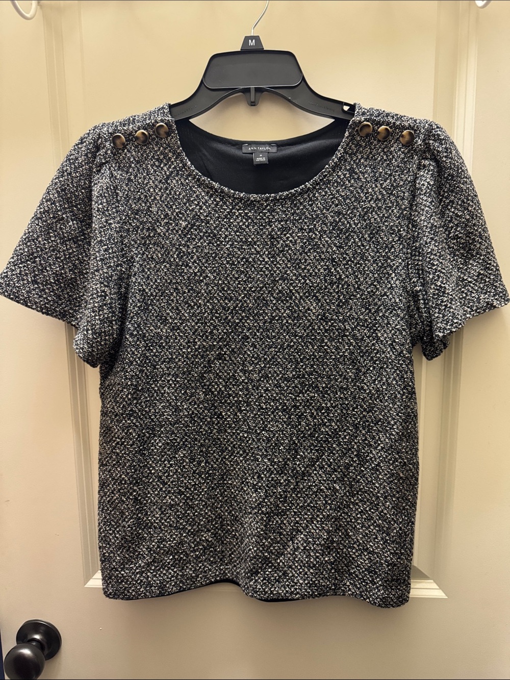 Ann Taylor Black & White Tweed Short Sleeve Top with Shoulder Buttons